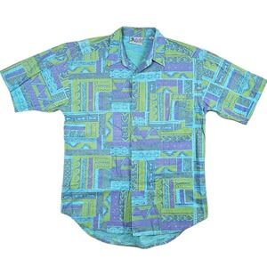 Vtg 80's Jaxie J. Yoshio Aloha Shirt Mens M Geometric Tribal Waves Green Purple